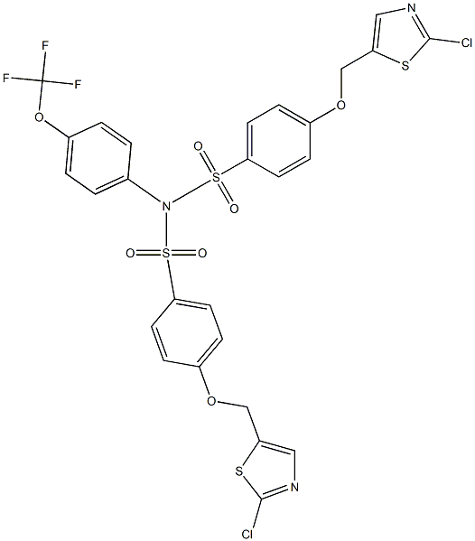 4-[(2-chloro-1,3-thiazol-5-yl)methoxy]-N-({4-[(2-chloro-1,3-thiazol-5-yl)methoxy]phenyl}sulfonyl)-N-[4-(trifluoromethoxy)phenyl]benzenesulfonamide Struktur