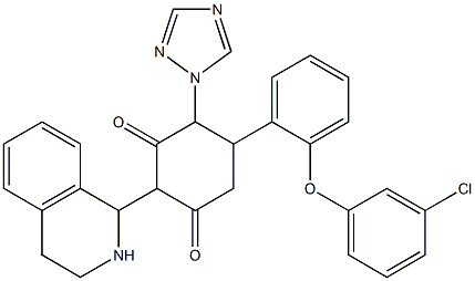 5-[2-(3-chlorophenoxy)phenyl]-2-(1,2,3,4-tetrahydro-1-isoquinolinyl)-4-(1H-1,2,4-triazol-1-yl)-1,3-cyclohexanedione Struktur