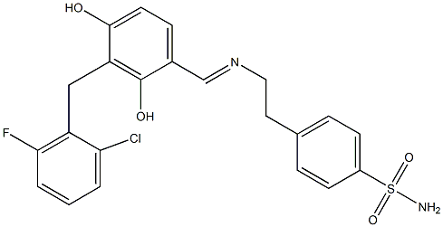 4-[2-({(E)-[3-(2-chloro-6-fluorobenzyl)-2,4-dihydroxyphenyl]methylidene}amino)ethyl]benzenesulfonamide Struktur