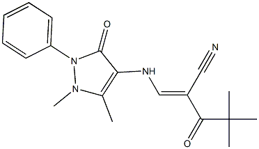 (E)-3-[(1,5-dimethyl-3-oxo-2-phenyl-2,3-dihydro-1H-pyrazol-4-yl)amino]-2-(2,2-dimethylpropanoyl)-2-propenenitrile Struktur