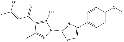 3-hydroxy-1-{5-hydroxy-1-[4-(4-methoxyphenyl)-1,3-thiazol-2-yl]-3-methyl-1H-pyrazol-4-yl}-2-buten-1-one Struktur