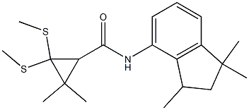 2,2-dimethyl-3,3-bis(methylsulfanyl)-N-(1,1,3-trimethyl-2,3-dihydro-1H-inden-4-yl)cyclopropanecarboxamide Struktur