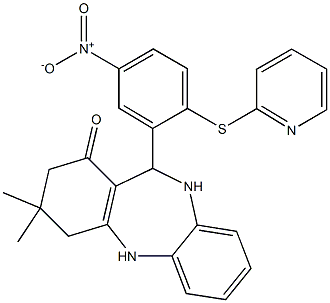 3,3-dimethyl-11-[5-nitro-2-(2-pyridinylsulfanyl)phenyl]-2,3,4,5,10,11-hexahydro-1H-dibenzo[b,e][1,4]diazepin-1-one Struktur