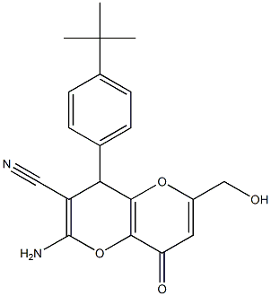 2-amino-4-[4-(tert-butyl)phenyl]-6-(hydroxymethyl)-8-oxo-4,8-dihydropyrano[3,2-b]pyran-3-carbonitrile Struktur