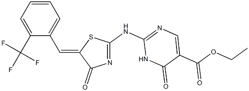 ethyl 6-oxo-2-[(4-oxo-5-{(E)-[2-(trifluoromethyl)phenyl]methylidene}-4,5-dihydro-1,3-thiazol-2-yl)amino]-1,6-dihydro-5-pyrimidinecarboxylate Struktur