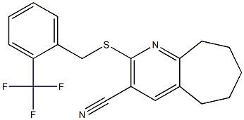 2-{[2-(trifluoromethyl)benzyl]sulfanyl}-6,7,8,9-tetrahydro-5H-cyclohepta[b]pyridine-3-carbonitrile Struktur