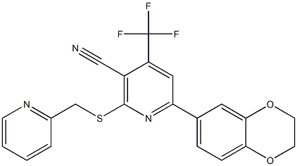 6-(2,3-dihydro-1,4-benzodioxin-6-yl)-2-[(2-pyridinylmethyl)sulfanyl]-4-(trifluoromethyl)nicotinonitrile Struktur