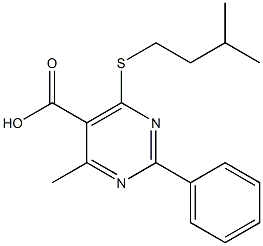 4-methyl-6-[(3-methylbutyl)thio]-2-phenylpyrimidine-5-carboxylic acid Struktur