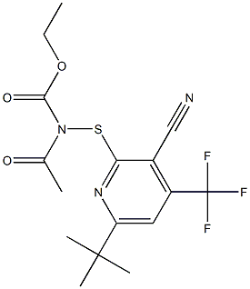 ethyl {[6-tert-butyl-3-cyano-4-(trifluoromethyl)-2-pyridinyl]sulfanyl}acetylcarbamate Struktur