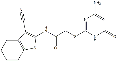 2-[(4-amino-6-oxo-1,6-dihydro-2-pyrimidinyl)sulfanyl]-N-(3-cyano-4,5,6,7-tetrahydro-1-benzothien-2-yl)acetamide Struktur