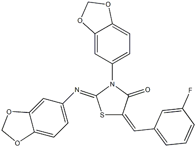 3-(1,3-benzodioxol-5-yl)-2-(1,3-benzodioxol-5-ylimino)-5-(3-fluorobenzylidene)-1,3-thiazolidin-4-one Struktur