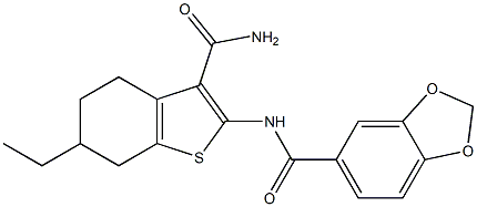 N-[3-(aminocarbonyl)-6-ethyl-4,5,6,7-tetrahydro-1-benzothien-2-yl]-1,3-benzodioxole-5-carboxamide Struktur