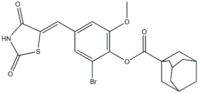 2-bromo-4-[(2,4-dioxo-1,3-thiazolidin-5-ylidene)methyl]-6-methoxyphenyl 1-adamantanecarboxylate Struktur