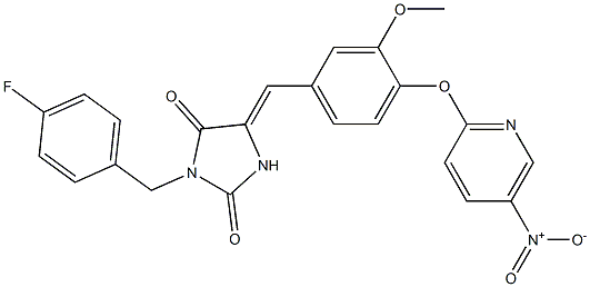 3-(4-fluorobenzyl)-5-[4-({5-nitro-2-pyridinyl}oxy)-3-methoxybenzylidene]-2,4-imidazolidinedione Struktur