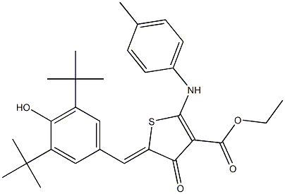 ethyl 5-(3,5-ditert-butyl-4-hydroxybenzylidene)-4-oxo-2-(4-toluidino)-4,5-dihydro-3-thiophenecarboxylate Struktur