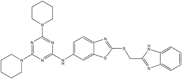 N-{2-[(1H-benzimidazol-2-ylmethyl)sulfanyl]-1,3-benzothiazol-6-yl}-N-[4,6-di(1-piperidinyl)-1,3,5-triazin-2-yl]amine Struktur