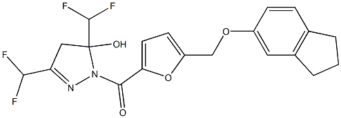 3,5-bis(difluoromethyl)-1-{5-[(2,3-dihydro-1H-inden-5-yloxy)methyl]-2-furoyl}-4,5-dihydro-1H-pyrazol-5-ol Struktur