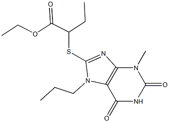 ethyl 2-[(3-methyl-2,6-dioxo-7-propyl-2,3,6,7-tetrahydro-1H-purin-8-yl)sulfanyl]butanoate Struktur