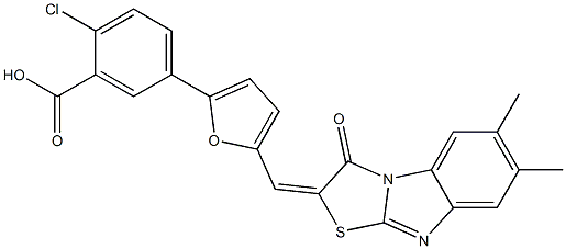 2-chloro-5-{5-[(6,7-dimethyl-3-oxo[1,3]thiazolo[3,2-a]benzimidazol-2(3H)-ylidene)methyl]-2-furyl}benzoic acid Struktur