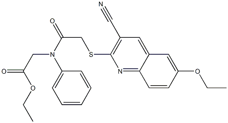 ethyl ({[(3-cyano-6-ethoxy-2-quinolinyl)sulfanyl]acetyl}anilino)acetate Struktur