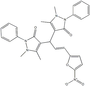 4-(1-(1,5-dimethyl-3-oxo-2-phenyl-2,3-dihydro-1H-pyrazol-4-yl)-3-{5-nitro-2-furyl}-2-propenyl)-1,5-dimethyl-2-phenyl-1,2-dihydro-3H-pyrazol-3-one Struktur