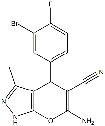 6-amino-4-(3-bromo-4-fluorophenyl)-3-methyl-1,4-dihydropyrano[2,3-c]pyrazole-5-carbonitrile Struktur