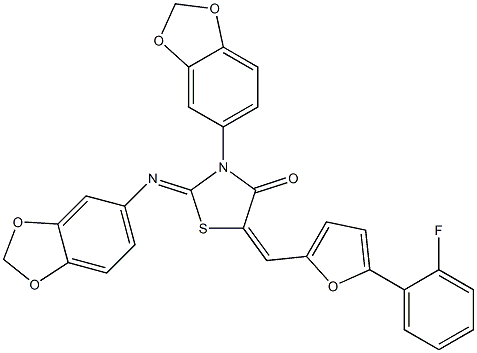 3-(1,3-benzodioxol-5-yl)-2-(1,3-benzodioxol-5-ylimino)-5-{[5-(2-fluorophenyl)-2-furyl]methylene}-1,3-thiazolidin-4-one Struktur