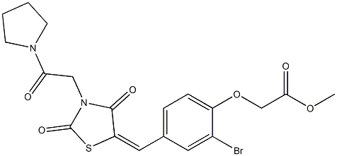 methyl [2-bromo-4-({2,4-dioxo-3-[2-oxo-2-(1-pyrrolidinyl)ethyl]-1,3-thiazolidin-5-ylidene}methyl)phenoxy]acetate Struktur