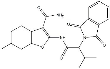 2-{[2-(1,3-dioxo-1,3-dihydro-2H-isoindol-2-yl)-3-methylbutanoyl]amino}-6-methyl-4,5,6,7-tetrahydro-1-benzothiophene-3-carboxamide Struktur