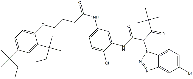 2-(5-bromo-1H-1,2,3-benzotriazol-1-yl)-N-(2-chloro-5-{[4-(2,4-ditert-pentylphenoxy)butanoyl]amino}phenyl)-4,4-dimethyl-3-oxopentanamide Struktur