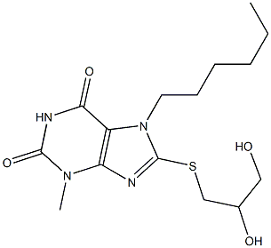 8-[(2,3-dihydroxypropyl)sulfanyl]-7-hexyl-3-methyl-3,7-dihydro-1H-purine-2,6-dione Struktur