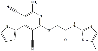 2-{[6-amino-3,5-dicyano-4-(2-thienyl)-2-pyridinyl]sulfanyl}-N-(5-methyl-1,3-thiazol-2-yl)acetamide Struktur