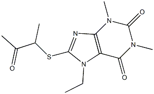 7-ethyl-1,3-dimethyl-8-[(1-methyl-2-oxopropyl)sulfanyl]-3,7-dihydro-1H-purine-2,6-dione Struktur