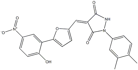 1-(3,4-dimethylphenyl)-4-[(5-{2-hydroxy-5-nitrophenyl}-2-furyl)methylene]-3,5-pyrazolidinedione Struktur