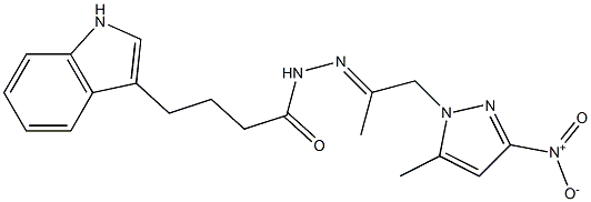 N'-(2-{3-nitro-5-methyl-1H-pyrazol-1-yl}-1-methylethylidene)-4-(1H-indol-3-yl)butanohydrazide Struktur