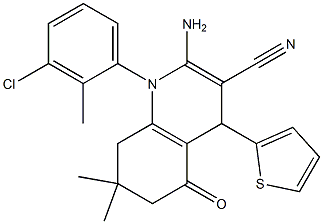 2-amino-1-(3-chloro-2-methylphenyl)-7,7-dimethyl-5-oxo-4-(2-thienyl)-1,4,5,6,7,8-hexahydro-3-quinolinecarbonitrile Struktur