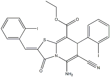 ethyl 5-amino-6-cyano-2-(2-iodobenzylidene)-7-(2-iodophenyl)-3-oxo-2,3-dihydro-7H-[1,3]thiazolo[3,2-a]pyridine-8-carboxylate Struktur