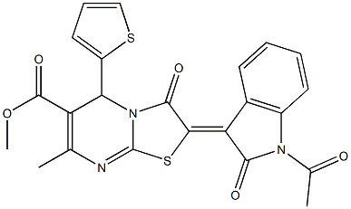 methyl 2-(1-acetyl-2-oxo-1,2-dihydro-3H-indol-3-ylidene)-7-methyl-3-oxo-5-(2-thienyl)-2,3-dihydro-5H-[1,3]thiazolo[3,2-a]pyrimidine-6-carboxylate Struktur