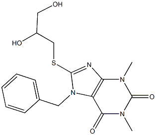 7-benzyl-8-[(2,3-dihydroxypropyl)thio]-1,3-dimethyl-3,7-dihydro-1H-purine-2,6-dione Struktur