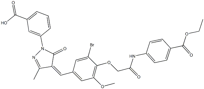 3-[4-(3-bromo-4-{2-[4-(ethoxycarbonyl)anilino]-2-oxoethoxy}-5-methoxybenzylidene)-3-methyl-5-oxo-4,5-dihydro-1H-pyrazol-1-yl]benzoic acid Struktur