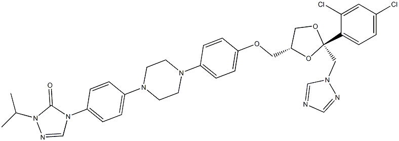 4-[4-[4-[4-[[Cis-2-(2,4-dichlorophenyl)-2-(1H-1,2,4-triazol-1-ylmethyl)-1,3-dioxolan-4-yl]methoxy]phenyl]piperazin-1-yl]phenyl]-2-(1-methylethyl)-2,4-dihydro-3H-1,2,4-triazol-3-one. Struktur