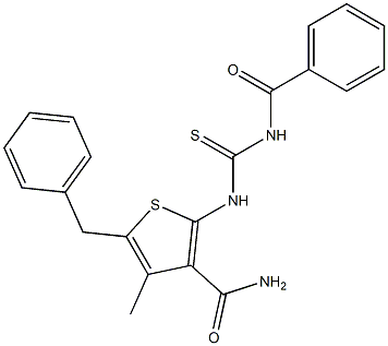 2-{[(benzoylamino)carbothioyl]amino}-5-benzyl-4-methyl-3-thiophenecarboxamide Struktur