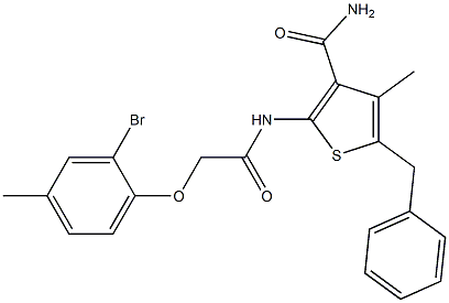 5-benzyl-2-{[2-(2-bromo-4-methylphenoxy)acetyl]amino}-4-methyl-3-thiophenecarboxamide Struktur