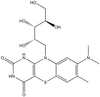 7-Methyl-8-(dimethylamino)-10-[(2S,3S,4R)-2,3,4,5-tetrahydroxypentyl]-1H-pyrimido[5,4-b][1,4]benzothiazine-2,4(3H,10H)-dione Struktur