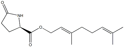 (R)-5-Oxo-2-pyrrolidinecarboxylic acid (2E)-3,7-dimethyl-2,6-octadienyl ester Struktur