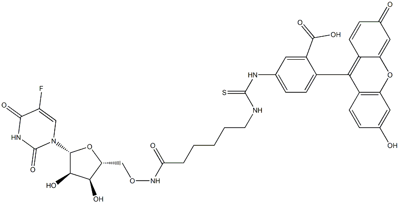 5'-O-[[6-[[[4-(6-Hydroxy-3-oxo-3H-xanthen-9-yl)-3-carboxyphenyl]thiocarbamoyl]amino]-1-oxohexyl]amino]-5-fluorouridine Struktur