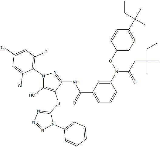 1-(2,4,6-Trichlorophenyl)-3-[3-(2,4-di-tert-pentylphenoxyacetylamino)benzoylamino]-4-(1-phenyl-1H-tetrazol-5-ylthio)-1H-pyrazol-5-ol Struktur