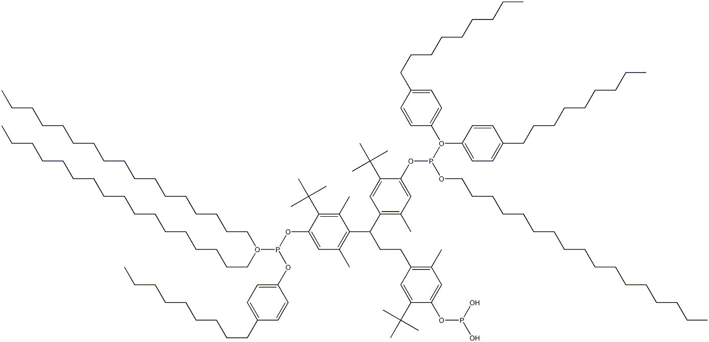 [3-Methyl-1,1,3-propanetriyltris(2-tert-butyl-5-methyl-4,1-phenyleneoxy)]tris(phosphonous acid)O,O',O'-triheptadecyl O,O'',O''-tris(4-nonylphenyl) ester Struktur