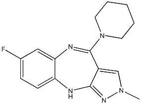 2-Methyl-7-fluoro-4-piperidino 2,10-dihydropyrazolo[3,4-b][1,5]benzodiazepine Struktur