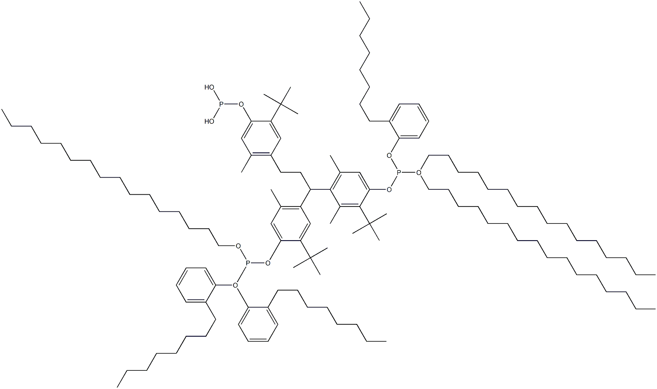 [3-Methyl-1,1,3-propanetriyltris(2-tert-butyl-5-methyl-4,1-phenyleneoxy)]tris(phosphonous acid)O,O',O'-trihexadecyl O,O'',O''-tris(2-octylphenyl) ester Struktur